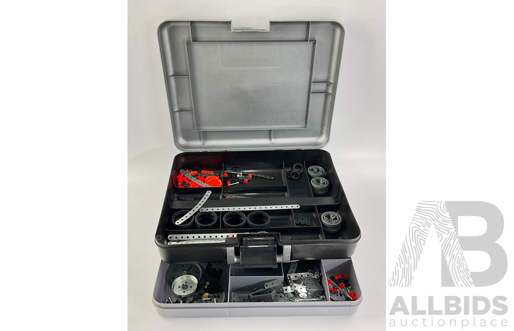 Moccano Box with Moccano Electric Motor, Pulleys, Wheels Etc