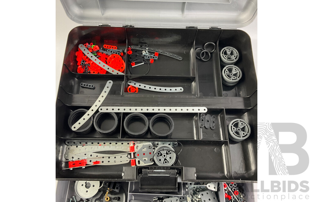 Moccano Box with Moccano Electric Motor, Pulleys, Wheels Etc