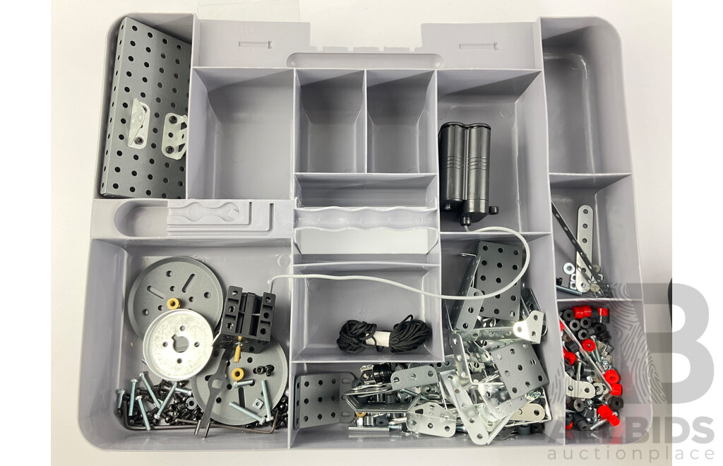 Moccano Box with Moccano Electric Motor, Pulleys, Wheels Etc