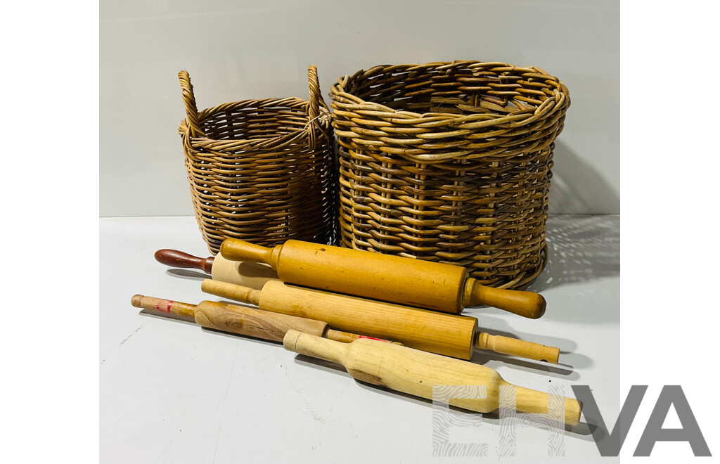 Collection VIntage Wooden Rolling Pins and Two Baskets