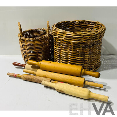 Collection VIntage Wooden Rolling Pins and Two Baskets