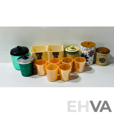 Collection Retro and Vointage Canisters Along with Set Six Anchor Hocking Mugs