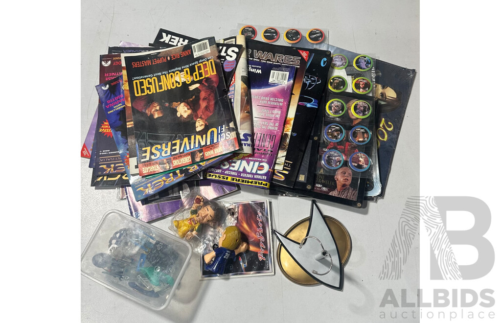 Large Collection of  Vintage Star Trek and Other Memorabilia Including Several Star Trek: the Next Generation 5th Anniversary Collectors Plates, Star Trek TNG Pogs, Assorted Star Trek Official Fan Magazine Australia and Much Kore