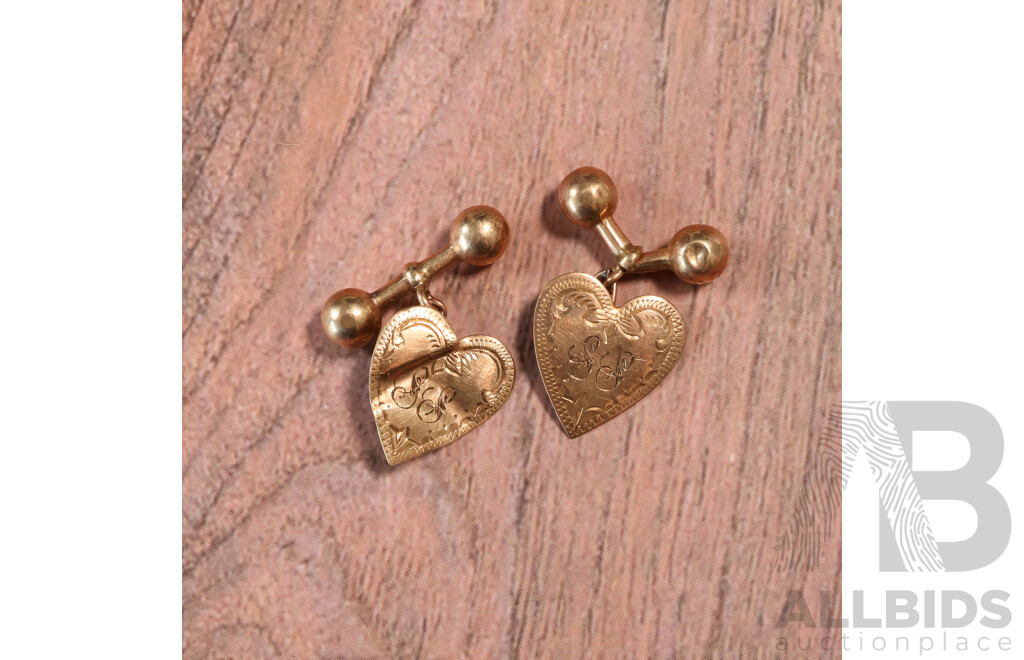 9ct Vintage Heart Shaped Cuff Links, 17mm, 2.23 Grams