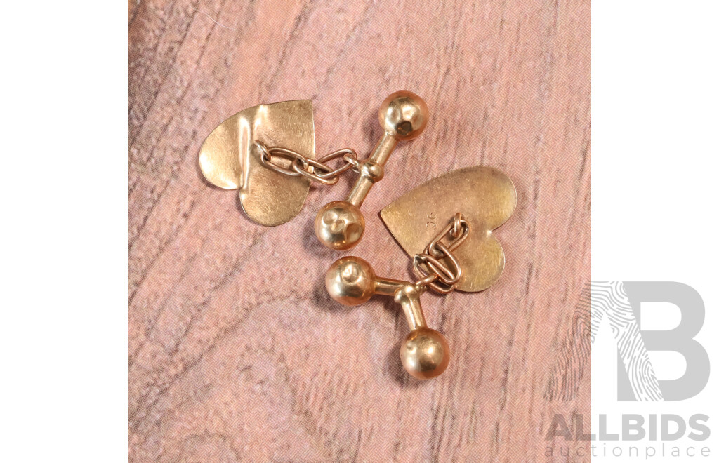 9ct Vintage Heart Shaped Cuff Links, 17mm, 2.23 Grams