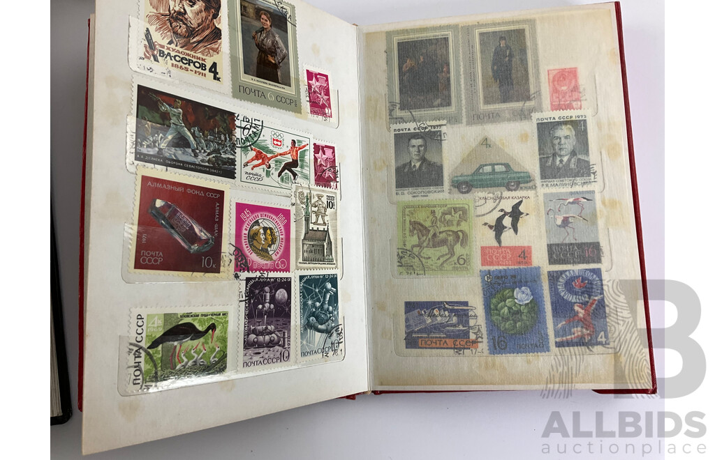 Four Albums of Vintage International Stamps Including USSR, Pakistan, Yemen, Antigua, Qatar, UK New Zealand, Chile and More