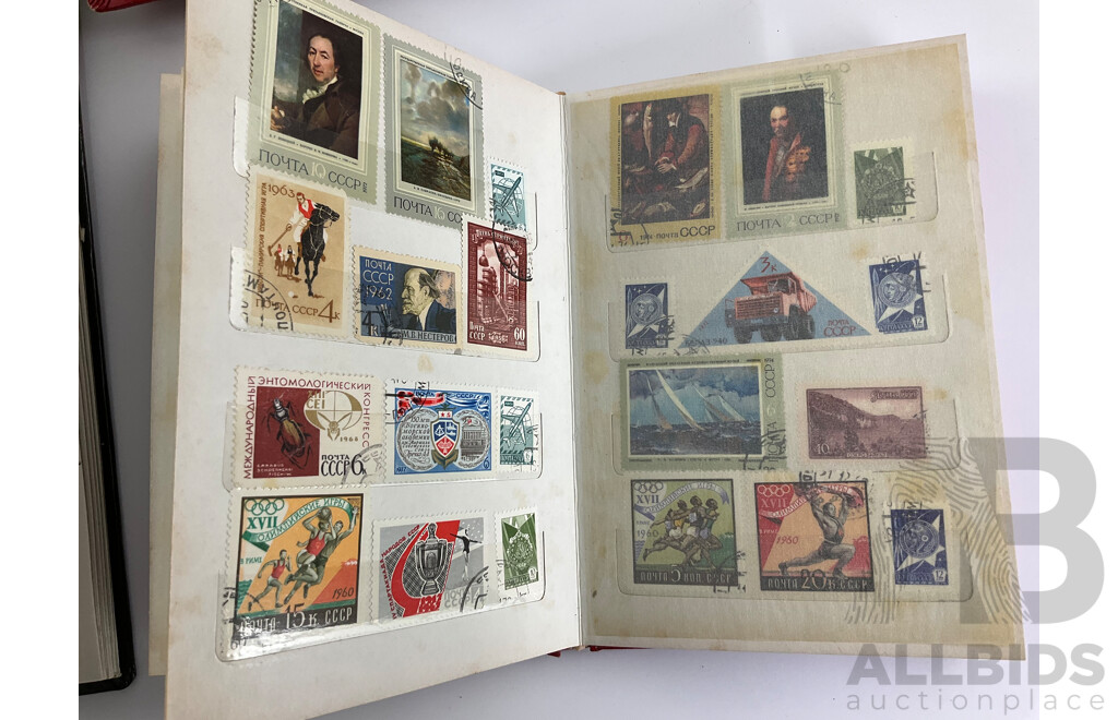 Four Albums of Vintage International Stamps Including USSR, Pakistan, Yemen, Antigua, Qatar, UK New Zealand, Chile and More