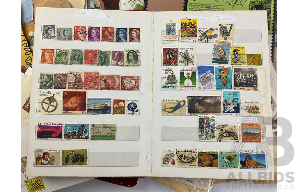 Australian and International Stamp Collections Including Predecimal, 1981, 1984 Annual Collections, 1980's First Day Covers, Stamp Catalogues, USA, Columbia, Manama, Panama Bhutan, Liberia and More