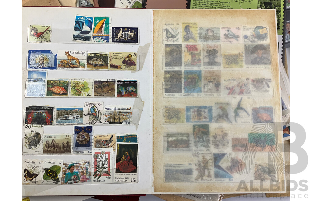 Australian and International Stamp Collections Including Predecimal, 1981, 1984 Annual Collections, 1980's First Day Covers, Stamp Catalogues, USA, Columbia, Manama, Panama Bhutan, Liberia and More