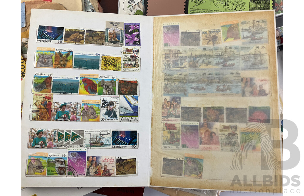 Australian and International Stamp Collections Including Predecimal, 1981, 1984 Annual Collections, 1980's First Day Covers, Stamp Catalogues, USA, Columbia, Manama, Panama Bhutan, Liberia and More