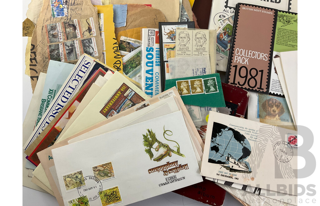 Australian and International Stamp Collections Including Predecimal, 1981, 1984 Annual Collections, 1980's First Day Covers, Stamp Catalogues, USA, Columbia, Manama, Panama Bhutan, Liberia and More