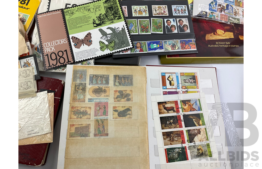 Australian and International Stamp Collections Including Predecimal, 1981, 1984 Annual Collections, 1980's First Day Covers, Stamp Catalogues, USA, Columbia, Manama, Panama Bhutan, Liberia and More