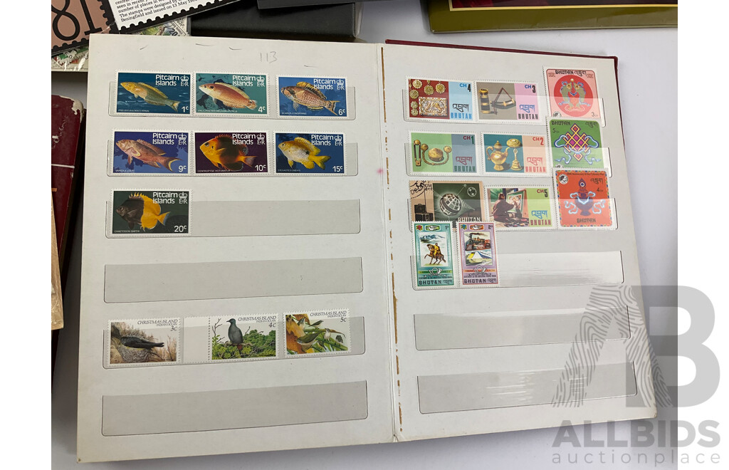 Australian and International Stamp Collections Including Predecimal, 1981, 1984 Annual Collections, 1980's First Day Covers, Stamp Catalogues, USA, Columbia, Manama, Panama Bhutan, Liberia and More