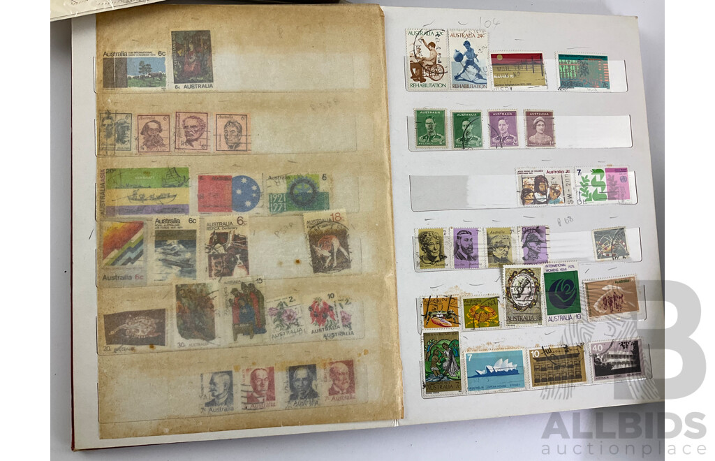 Australian and International Stamp Collections Including Predecimal, 1981, 1984 Annual Collections, 1980's First Day Covers, Stamp Catalogues, USA, Columbia, Manama, Panama Bhutan, Liberia and More