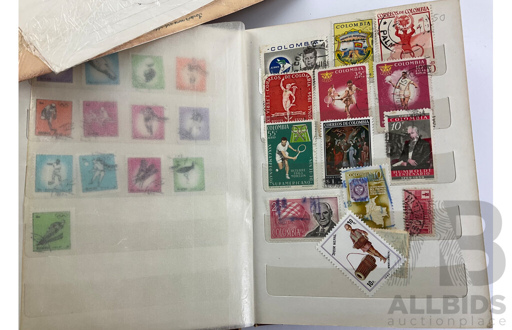 Australian and International Stamp Collections Including Predecimal, 1981, 1984 Annual Collections, 1980's First Day Covers, Stamp Catalogues, USA, Columbia, Manama, Panama Bhutan, Liberia and More