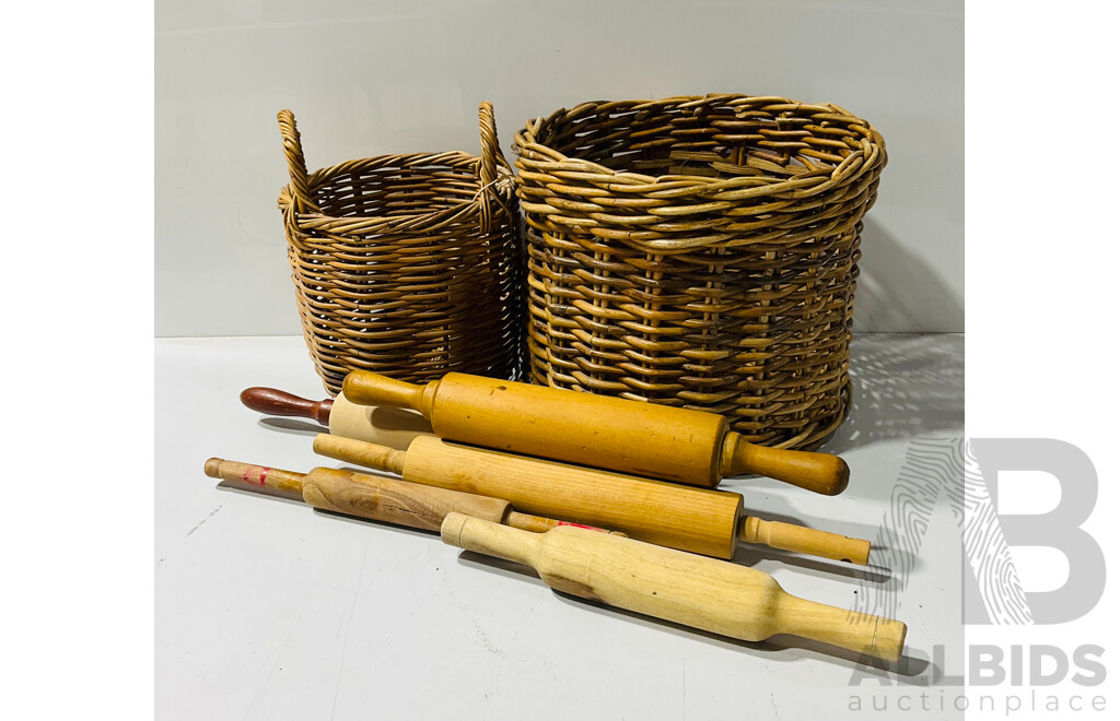 Collection VIntage Wooden Rolling Pins and Two Baskets