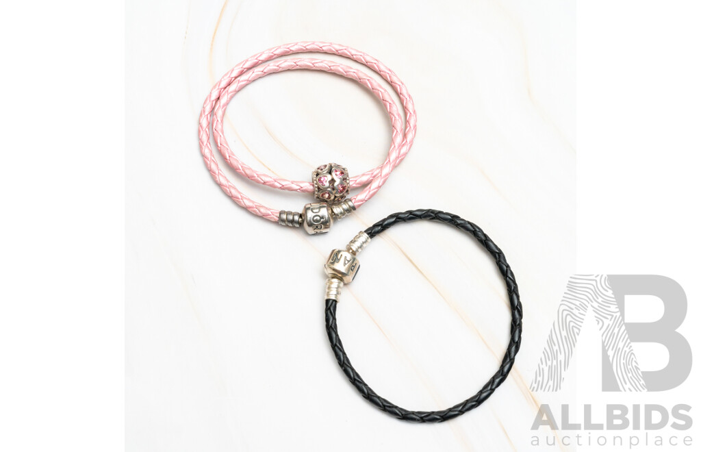 Pandora Pink Double Wrap Leather Bracelet with Charm & Pandora Black Leather Bracelet, Both with Sterling Silver Clasps, 60mm, 13.91 Grams