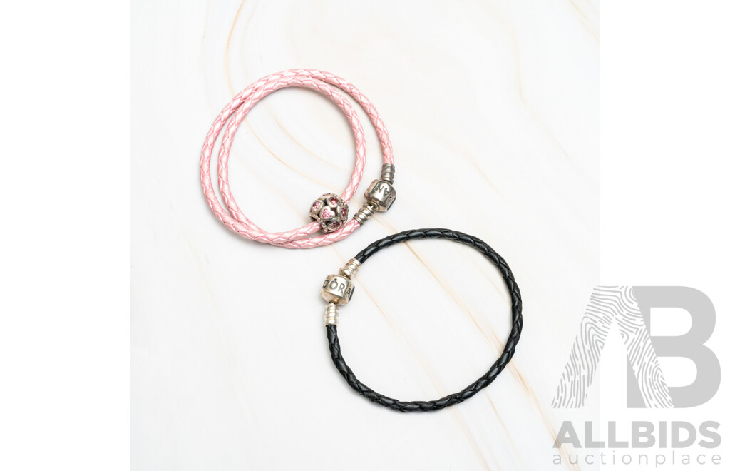 Pandora Pink Double Wrap Leather Bracelet with Charm & Pandora Black Leather Bracelet, Both with Sterling Silver Clasps, 60mm, 13.91 Grams