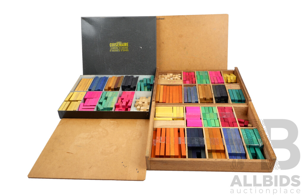 Three Vintage Cuisenaire Wooden Block Sets, Two in Wooden Cases, One in Original Steel Case
