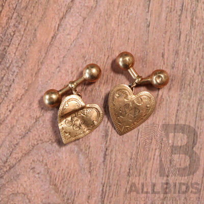 9ct Vintage Heart Shaped Cuff Links, 17mm, 2.23 Grams