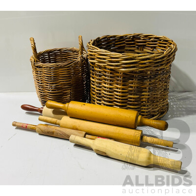 Collection VIntage Wooden Rolling Pins and Two Baskets