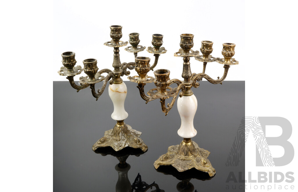 Vintage Italian Brass and Alabaster Four Branch Candelabras