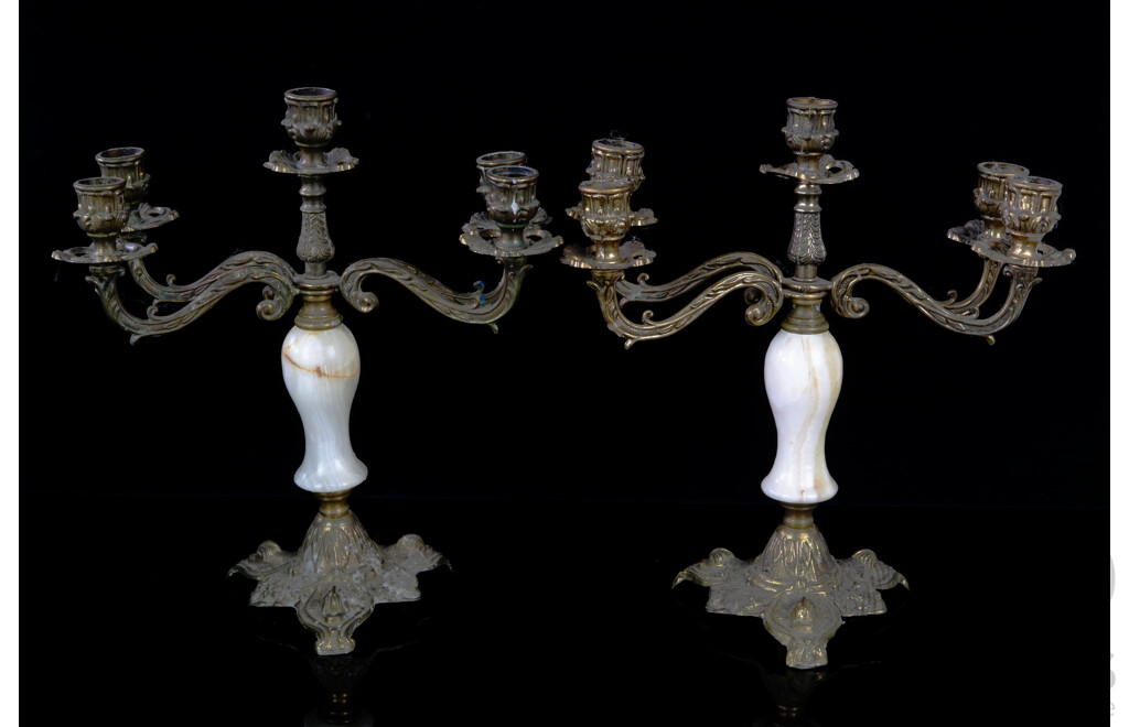 Vintage Italian Brass and Alabaster Four Branch Candelabras