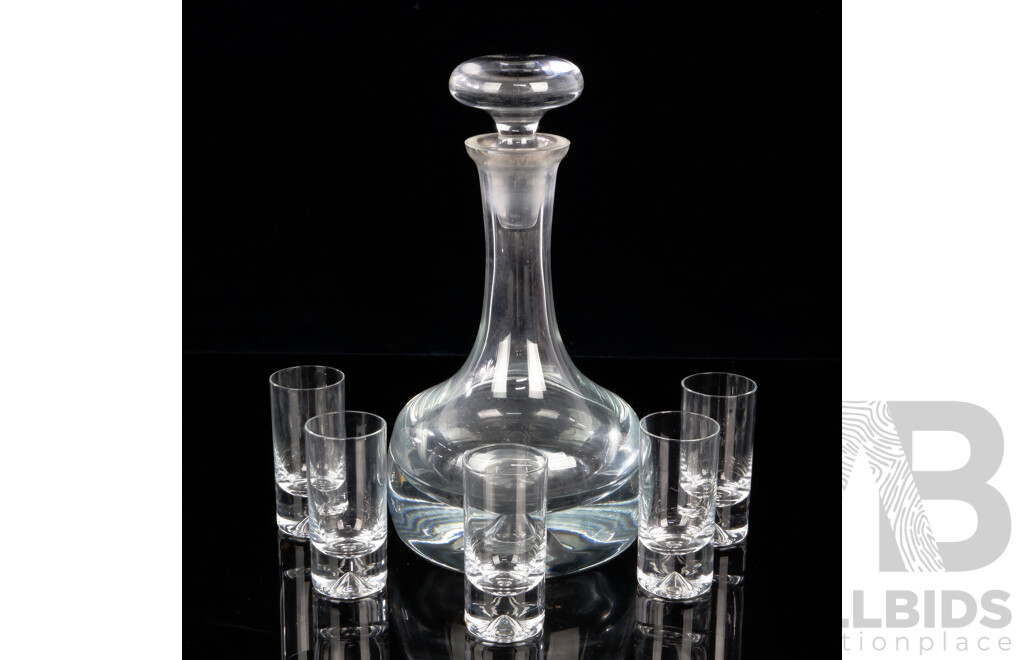 Heavy Based Mid Century Glass Decanter with Stopper and Five Matching Shot Glasses