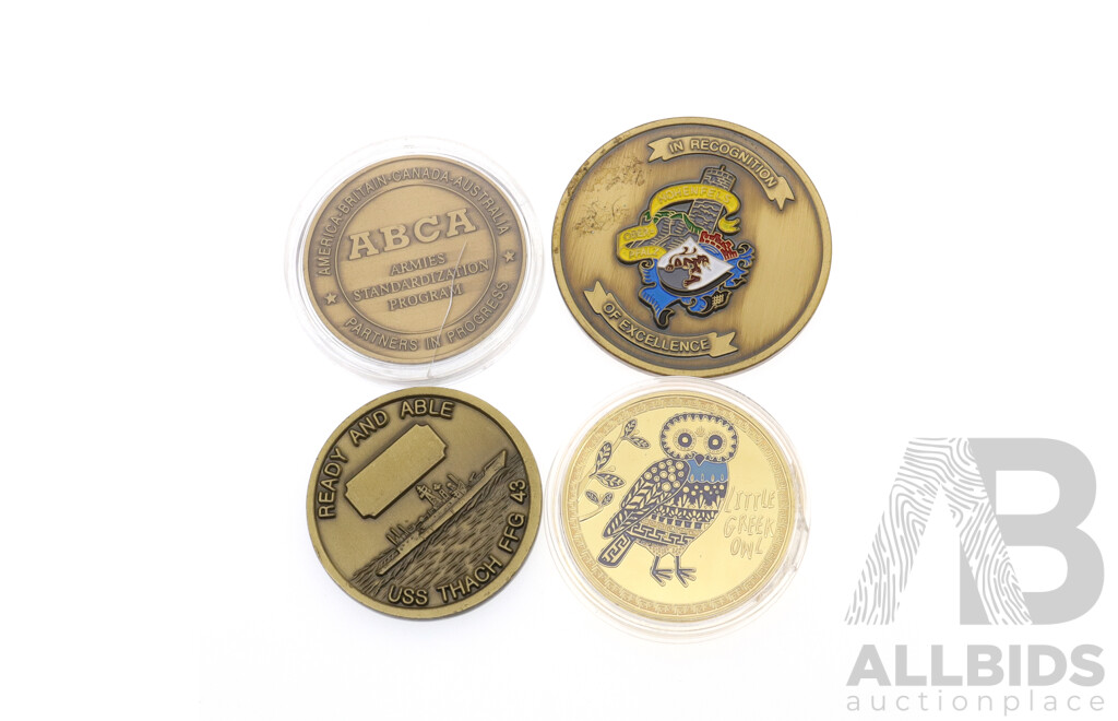 ABCA Armies Program US GB CA AU Challenge Coin with CMTC Recognition Coin, USS THACH FFG 43 Coin & British Museum Token