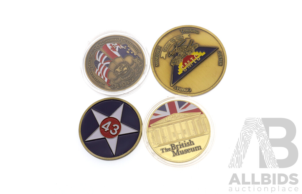 ABCA Armies Program US GB CA AU Challenge Coin with CMTC Recognition Coin, USS THACH FFG 43 Coin & British Museum Token