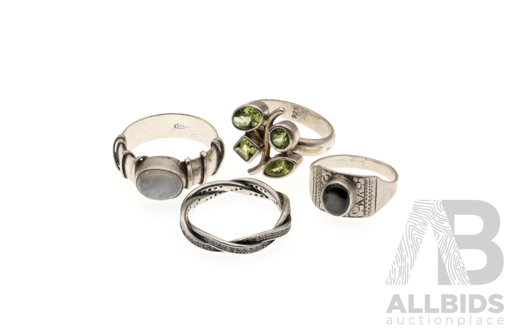 Collection of (4) Sterling Silver Rings Including Moonstone, Peridot and Pandora, Sizes O & R, 19.29 Grams