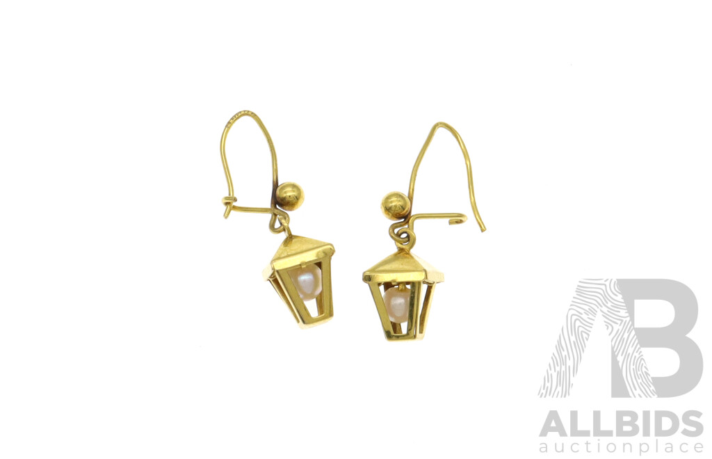 9ct Lantern Style Drop Earrings with Small Akoya Pearls, 25mm, 1.10 Grams