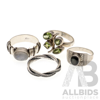 Collection of (4) Sterling Silver Rings Including Moonstone, Peridot and Pandora, Sizes O & R, 19.29 Grams