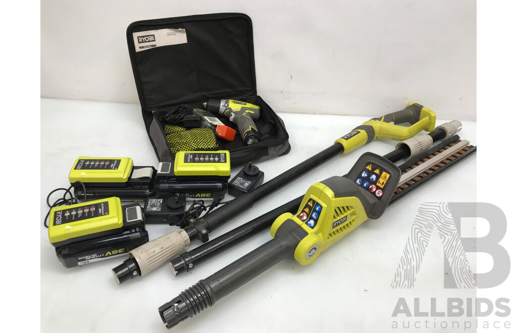 Ryobi Pole Hedge Trimmer with Attachments, Drill Driver, Batteries, and Chargers