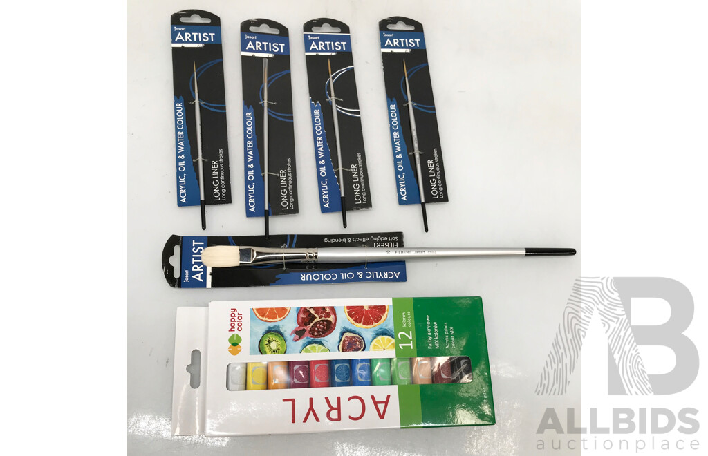 Jasart Paint Brushes and Happy Color 12 Colour Acrylic Paints Set