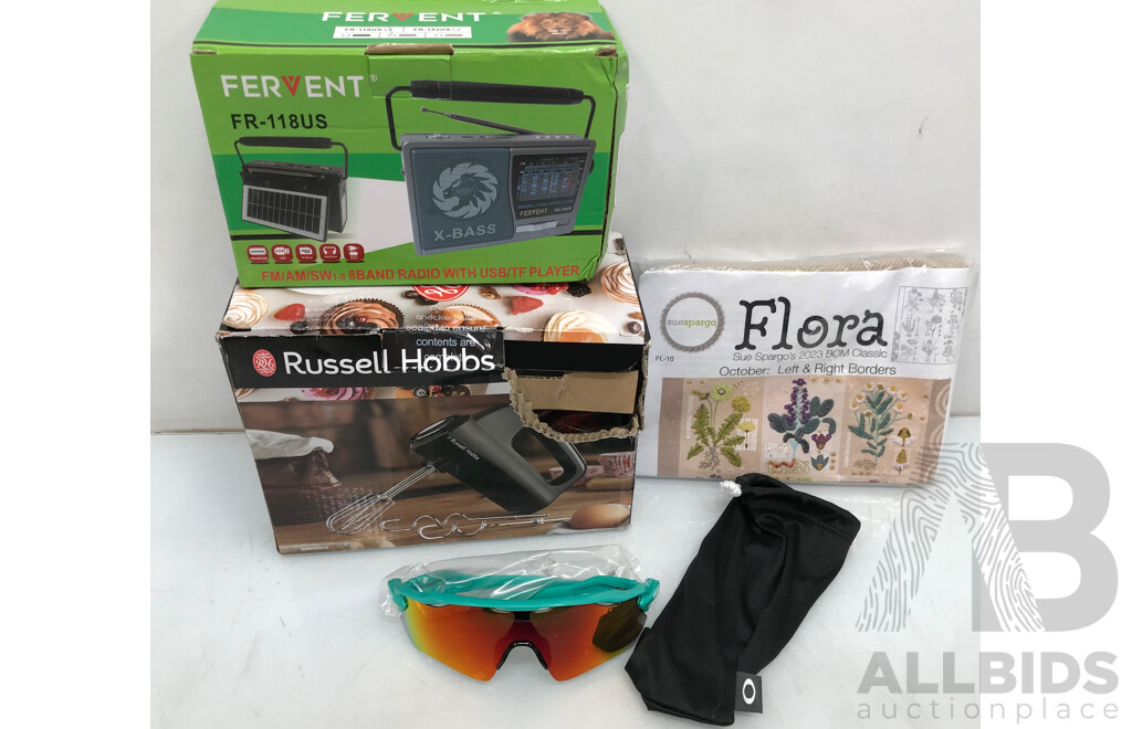 Miscellaneous Items Including Hand Mixer, Radio, Cycling Sunglasses, and More