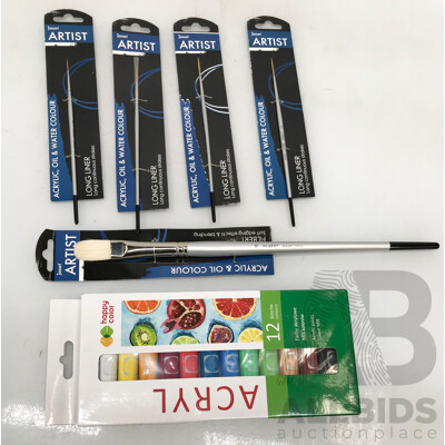 Jasart Paint Brushes and Happy Color 12 Colour Acrylic Paints Set