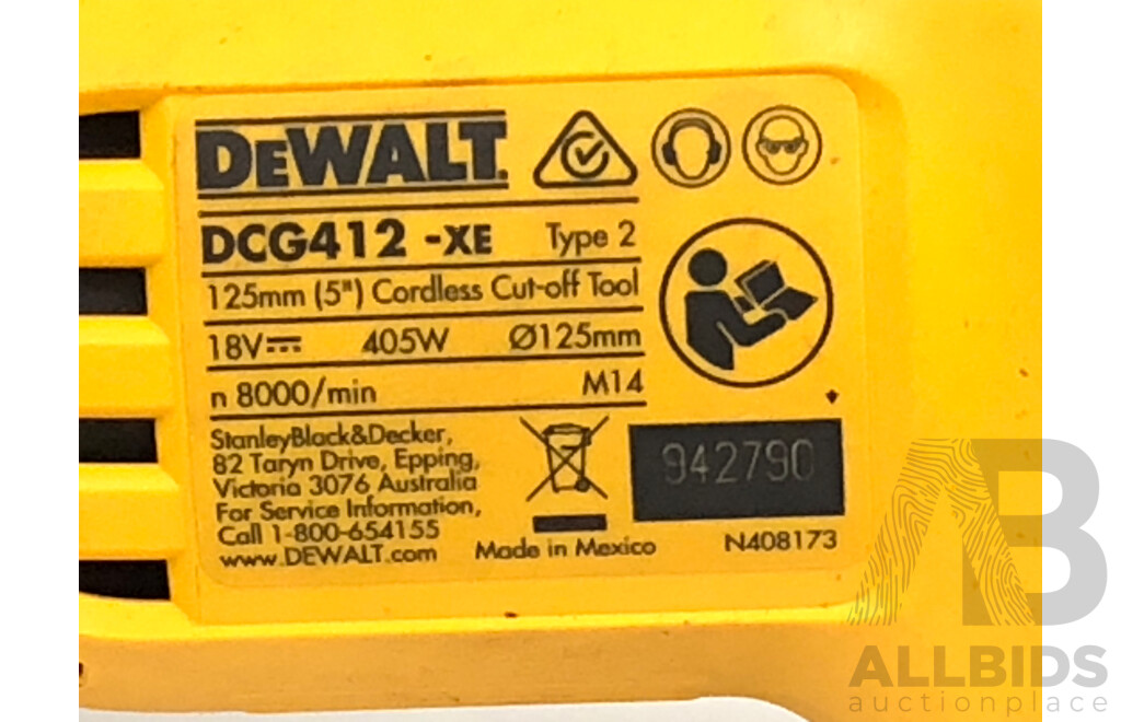 DeWalt 18 Volt Lithium Ion Cordless Angle Grinder