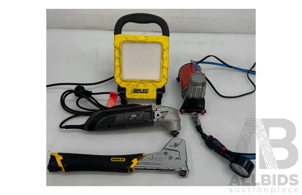 Ozito Multi Function Tool,  Arlec LED Worklight, Air Compressor, Stanley Hammer Tracker