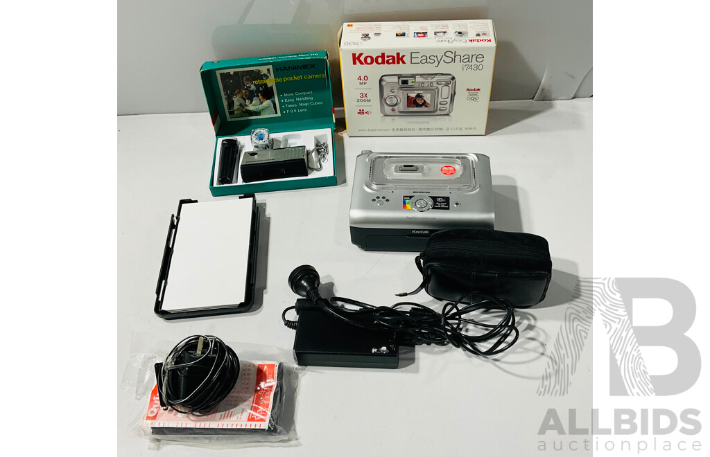 Collection of Retro Cameras and Gear Including Hanimex Retractable Pocket Camera Mini 110, Kodak EasyShare 7430 and More