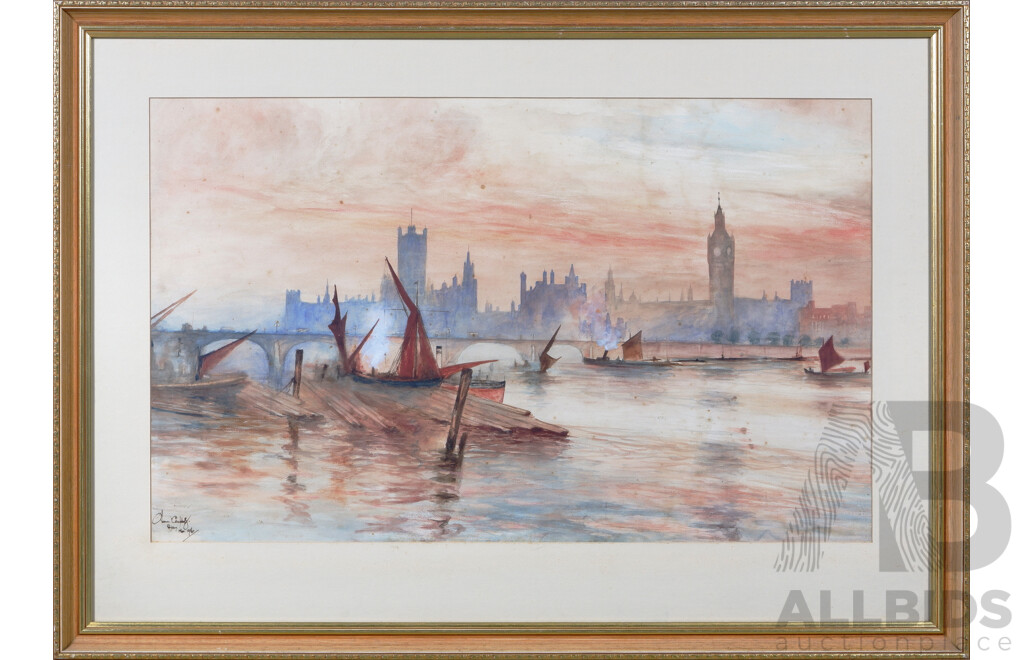 Thomas Campbell, (20th Century, Active c1910s), View of Westminster From the River Thames, London, 1916, 79 x 109 cm (frame)