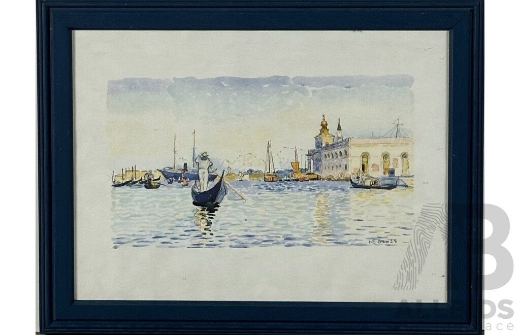 H.E. Cross, (20th Century, Working C1990s), Lovely Venetian Scene - Gondola Lido Di Venezia, Watercolour and Ink, 37 x 47 cm (frame)