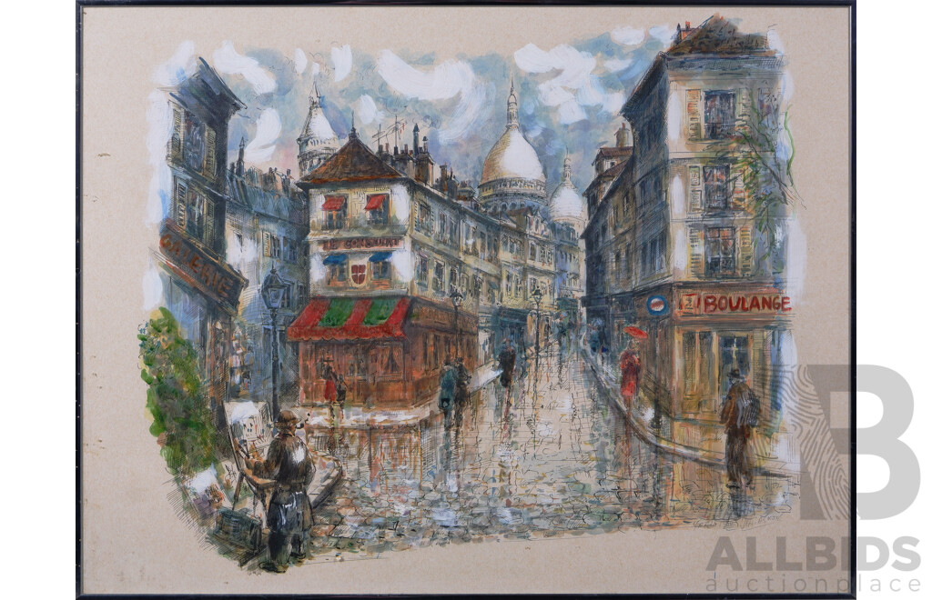 Signed Indistinctly, Paris Monmarte Street Scene, Watercolour and Ink, 50 x 65 cm (frame)