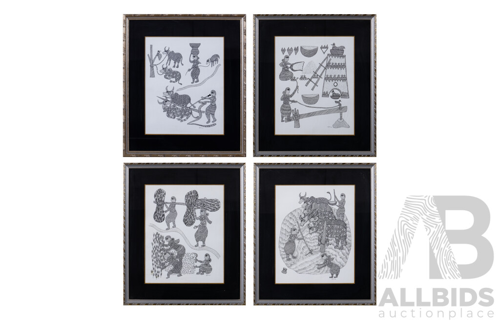 Collection of Four Interesting Indian Village Scenes, Villagers Working In The Field And With Bullocks, Ink Line and Dot Hand Drawings on Paper, c2004, 33 x 27 cm (image sizes) (4)