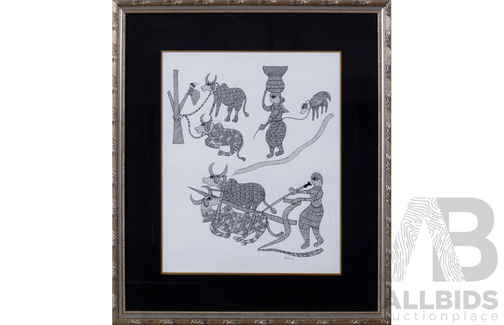 Collection of Four Interesting Indian Village Scenes, Villagers Working In The Field And With Bullocks, Ink Line and Dot Hand Drawings on Paper, c2004, 33 x 27 cm (image sizes) (4)