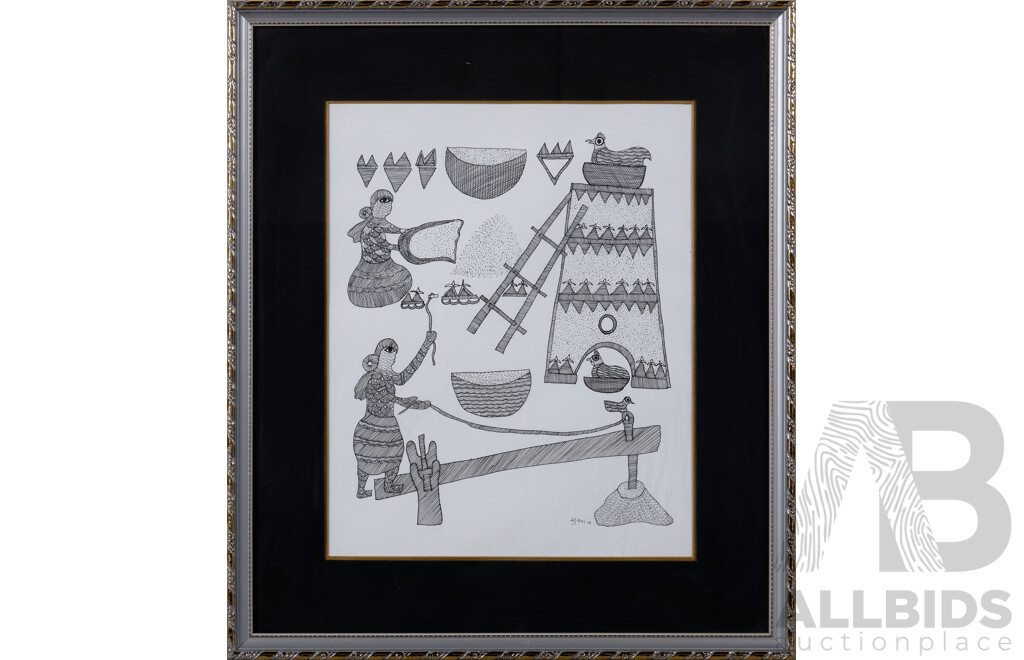 Collection of Four Interesting Indian Village Scenes, Villagers Working In The Field And With Bullocks, Ink Line and Dot Hand Drawings on Paper, c2004, 33 x 27 cm (image sizes) (4)