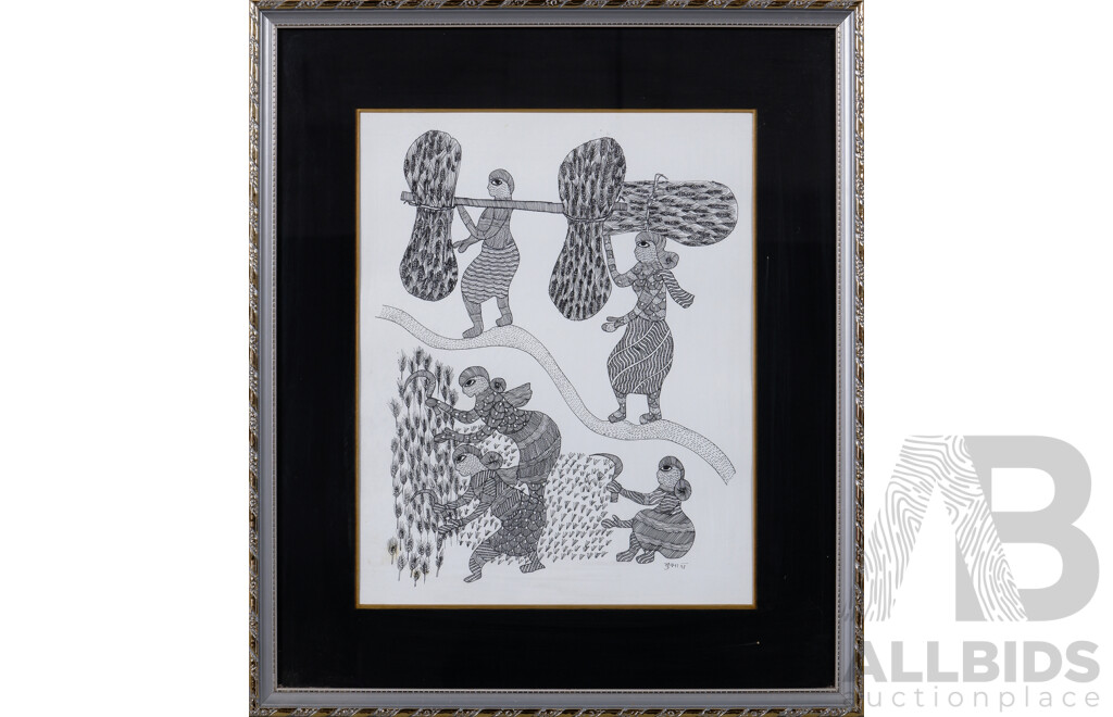 Collection of Four Interesting Indian Village Scenes, Villagers Working In The Field And With Bullocks, Ink Line and Dot Hand Drawings on Paper, c2004, 33 x 27 cm (image sizes) (4)