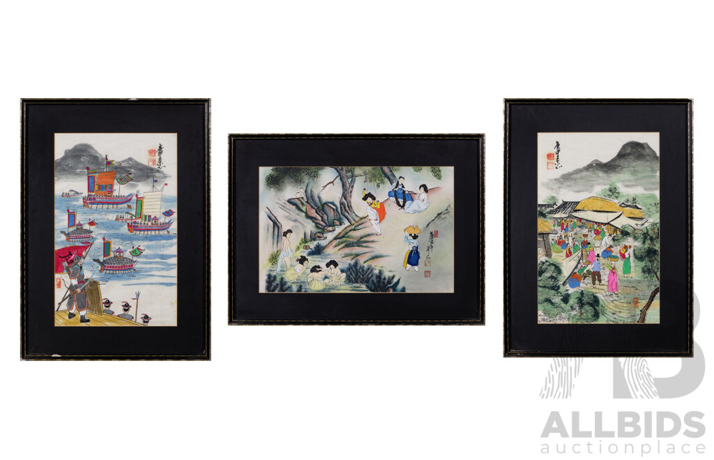 Collection of Three Vintage Korean Paintings, c1982, Women Bathing in the River, Village Market Scene and Battle Scene, Watercolour on Rice Paper, 56.5 x 41.5 (2) and 41.5 x 56.5 cm (frames) (3)