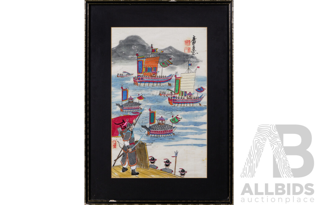 Collection of Three Vintage Korean Paintings, c1982, Women Bathing in the River, Village Market Scene and Battle Scene, Watercolour on Rice Paper, 56.5 x 41.5 (2) and 41.5 x 56.5 cm (frames) (3)