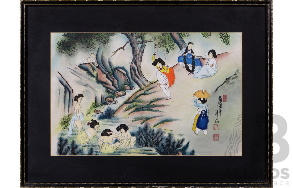 Collection of Three Vintage Korean Paintings, c1982, Women Bathing in the River, Village Market Scene and Battle Scene, Watercolour on Rice Paper, 56.5 x 41.5 (2) and 41.5 x 56.5 cm (frames) (3)